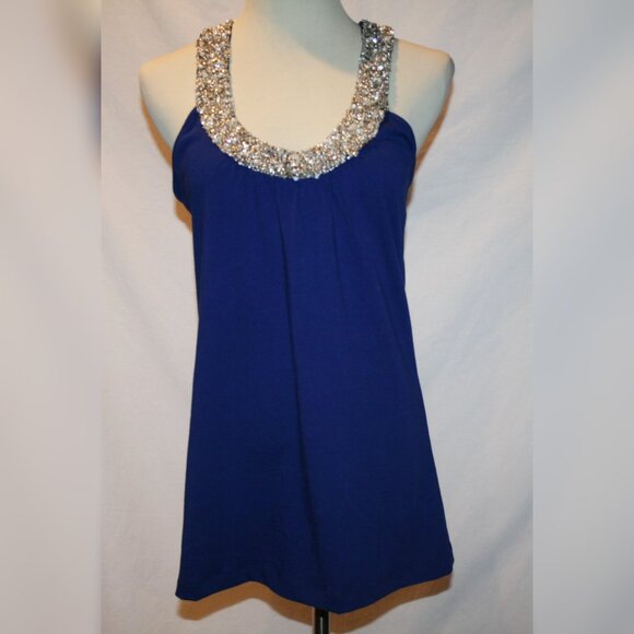 TWISTED HEART Tops - Twisted Heart Royal Blue Silver Bead & Crystal Neckline Top Small